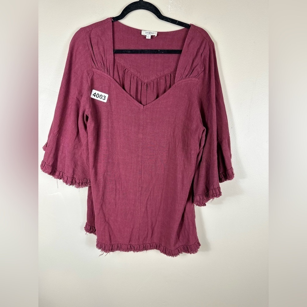 Umgee USA large linen top sweet heart bell sleeves  tunic top  fringe raw  used
